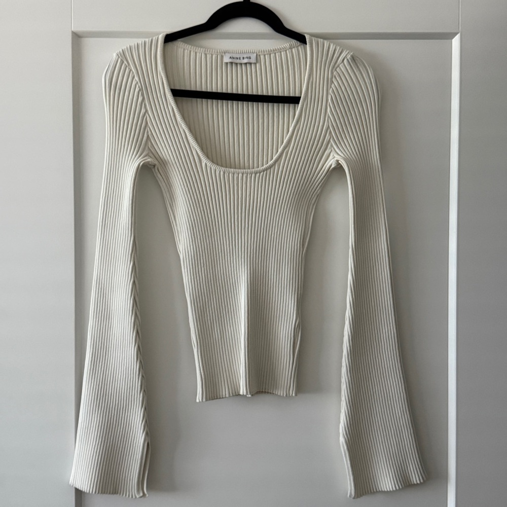 A.L.C. Cream Ribbed Scoop Neck Long Sleeve Top